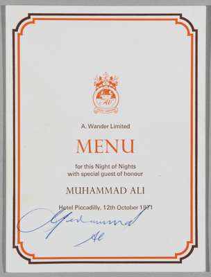 Muhammad Ali signed celebration menu card, held at Hotel Piccadilly on 12th October 1971,
 signed in blue ink on the front cover

 Good condition
