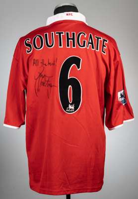 Gareth Southgate signed red Middlesbrough no.6 home jersey, season 2004-05,
 Errea, short-sleeved with BARCLAYS PREMIERSHIP sleeve badges, club crest 
