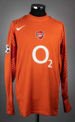 Manuel Almunia signed orange Arsenal UEFA Champions League no.24 goalkeeping jersey v FC Thuno, played at Stade de Suisse, 22nd November 2005, 
 match