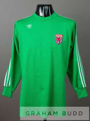 Jeannot Moes green Luxembourg no.1 goalkeeper's jersey, circa early 1980s,
 by Adidas, long-sleeved with padded elbows, embroidered country badge and 