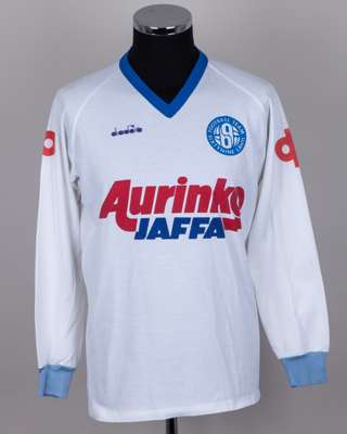 Pohjola white and blue No.6 FC Kuusysi long-sleeved shirt, 1980s