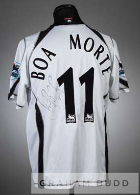 Luis Boa Morte signed white and black Fulham no.11 home jersey, season 2006-07,
 short-sleeved with BARCLAYS PREMIERSHIP sleeve badges, club crest and