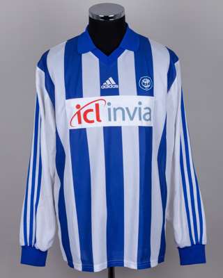 Janne Saarinen blue and white No.17 HJK Helsinki v. Celtic long-sleeved shirt, 2000