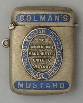Colmans Mustard Vesta case commemorating Manchester United's first ever English Cup victory v Bristol City played at Crystal Palace, 24th April 1909, 