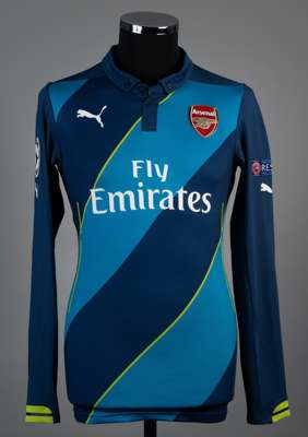 Mikel Arteta navy and blue No.8 Arsenal long-sleeved jersey, 2014-15, 
 3rd kit, Puma, M, with button-up collar and printed badge, the reverse lettere