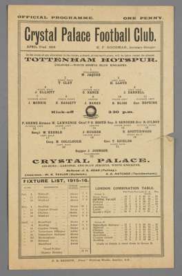 Crystal Palace v Tottenham Hotspur programme, 22nd April 1916,
 single-sheet printed on one side, with team line-up and fixture list for 1915-16, bear