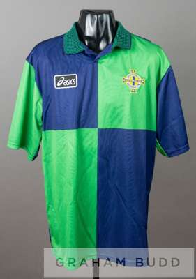 Green and navy Northern Ireland No.19 jersey, circa 1997,
 by Asics, short-sleeved, with NORTHERN IRELAND IRISH FOOTBALL ASSOCIATION embroidered count