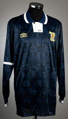 Blue Scotland no.2 home jersey, season 1992-93,
 Umbro, long-sleeved with white chevron to right sleeve, Scottish emblem and yellow logo, white panel 