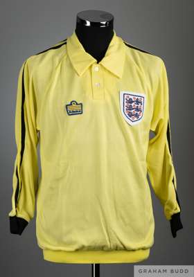 Peter Shilton yellow No.13 England International goalkeepers shirt, 1970s,
 Admiral, L, with button-up collar and embroidered three lion cloth badge

