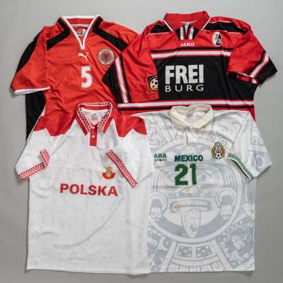 Four various football Jerseys, 
 comprising red and black Freiberg FC JAKO home jersey no.4 and bearing the name Zeyer size XXL; a white Poland RAWA S