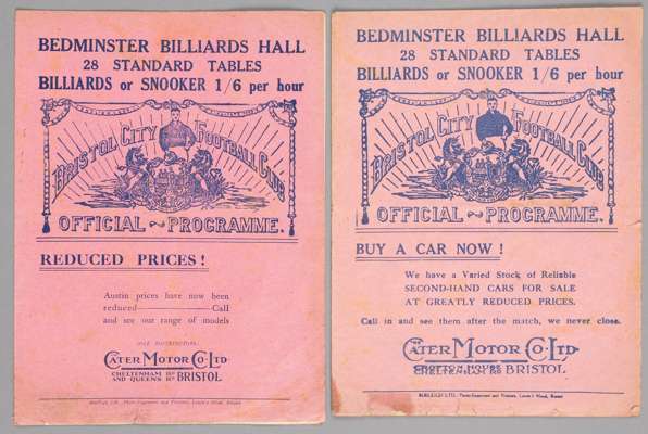 Two Bristol City home programmes from 1928,  

FL Division Two fixtures v Stoke City 6th April and Nottingham Forest 13th October