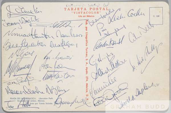 Guadalajara postcard signed to the reverse by the England 1970 Mexico World Cup squad