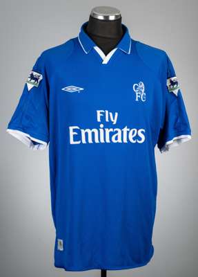 Frank Lampard blue Chelsea no.8 home jersey, season 2001-02,
 Umbro, short-sleeved with THE FA PREMIER LEAGUE sleeve badges, club crest and sponsor lo