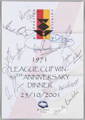 Signed Partick Thistle League Cup win 30th anniversary dinner menu card, 25th October 2011,
 signed by 11 players including Campbell, Coulston, Bone, 