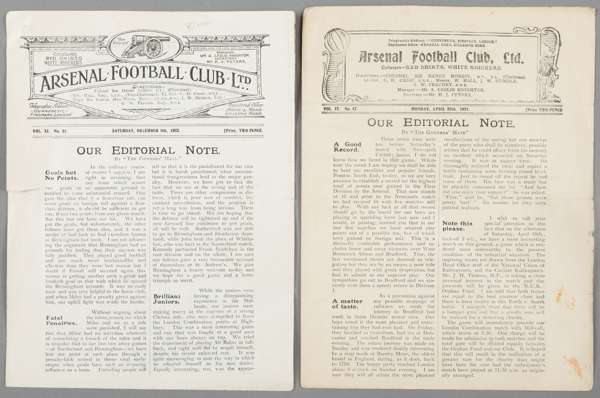 Two Arsenal 1920s home programmes,

FL Division One fixtures v Preston North End 25th April 1921 and Birmingham 9th December 1922