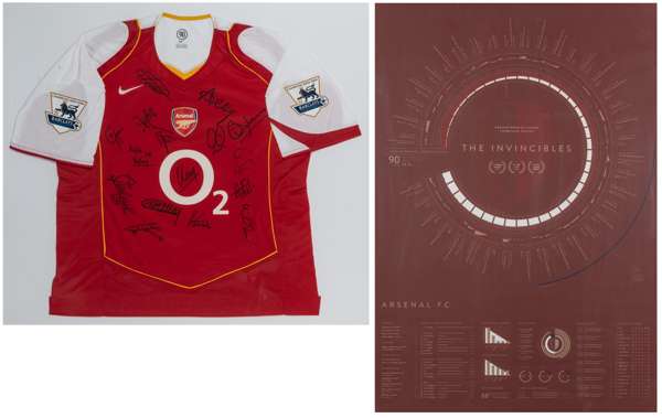 Team signed red Arsenal jersey, season 2004-05 and Arsenal's "The Invincibles" poster,
 comprising framed red Nike short-sleeved jersey with BARCLAYS 