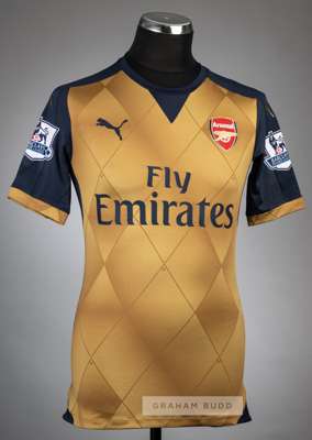 Gabriel gold & navy Arsenal no.5 away jersey, season 2015-16,
 Puma, short-sleeved with BARCLAYS PREMIER LEAGUE sleeve badges, club crest and sponsor 
