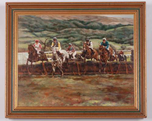 Claire Eva Burton (British, b.1955) oil painting of a hurdle race at Cheltenham