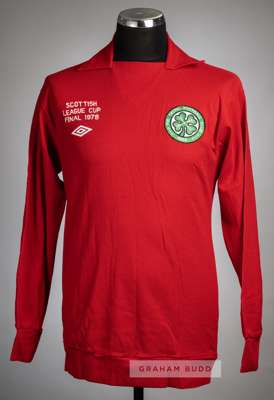 Peter Latchford red Celtic Scottish League Cup final no.1 goalkeeper's jersey v Rangers at Hampden Park, 18th March 1978,
 Umbro, long-sleeved, embroi
