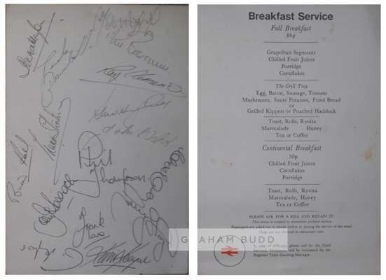 Liverpool FC autographed 1970s British Rail Breakfast Service menu,
 signed on a match day when the team were travelling by train to an away fixture, 