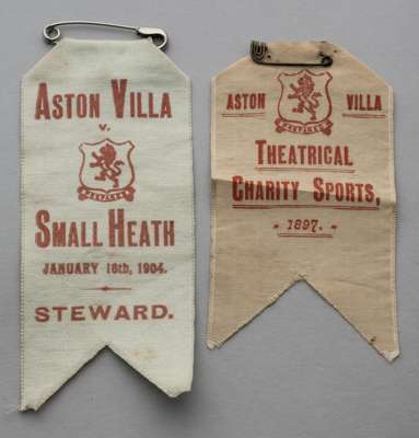 Two Aston Villa Steward's ribbons, 
 both in silk and bearing the Aston Villa FC crest, the first inscribed Theatrical Charity Sports 1897, the second
