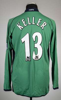Kasey Keller green and navy Tottenham Hotspur no.13 goalkeeper's jersey, season 2003-04,
 Kappa, long-sleeved with THE FA PREMIER LEAGUE sleeve badges