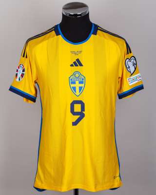 Alexander Isak yellow and blue No.9 Sweden v. Belgium match issued short-sleeved shirt, 2023