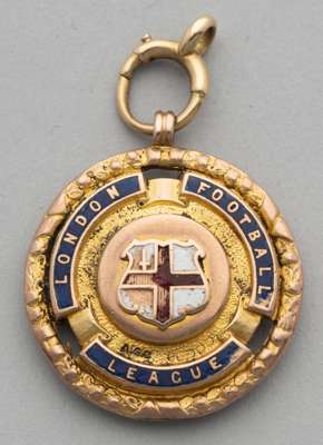Leyton FC 9ct gold medal for the London Football League awarded to T W Hawkins,
 obverse with London crest enamelled white, red and blue, reverse engr