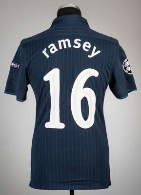 Aaron Ramsey navy with blue pin strip Arsenal no.16 away jersey v Olympiakos, played at Stadio Georgios Karaiskaki, 9th December 2009,
 Nike, short-sl