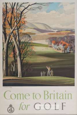 Rowland Hilder (British, 1905-1993) COME TO BRITAIN for GOLF, original poster print, image: 19½” x 29”, framed: 31½” x 22”, wear to frame, foxing to p