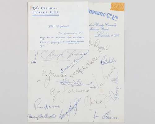A page of seventeen Chelsea player autographs, 1966