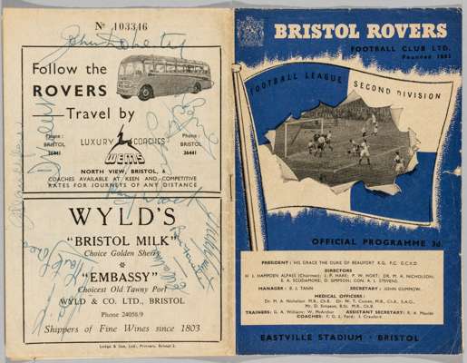 Manchester United Busby Babes autographed programme for the F.A. Cup 3rd Round tie v Bristol Rovers played at Eastville Stadium 7th January 1956,
 sig