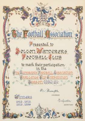 Football Association printed illuminated certificate presented to Bolton Wanderers Football Club,
 to mark their participation in the 100th F.A. Chall