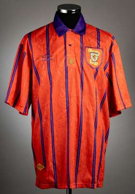 Orange and purple Scotland no. 5 away jersey, circa 1993,
 Umbro, short-sleeved with Scottish national emblem and Umbro logo, reverse numbered 5 in wh