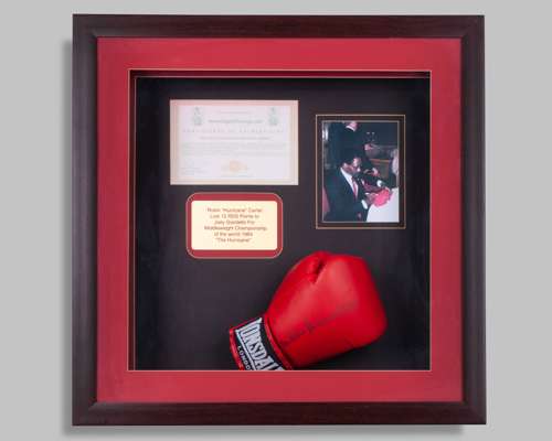 Rubin Carter autographed red Lonsdale boxing glove display
