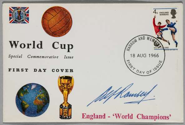 World Cup England 1966 FDC signed by Alf Ramsey, 
 it is a special commemorative issue dated 18th September 1966, postmarked Harrow & Wembley with Eng