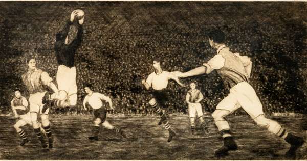 Arsenal v Bolton Wanderers match action etching, circa 1935,
 by an unknown hand, depicting two of the leading inter-war teams, with the goalkeeper ca
