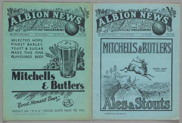 Two WBA 1930s home programmes,

F.L. Division One fixtures v Sheffield Wednesday 31st October 1931 and Arsenal 13th April 1936