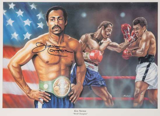 Ken Norton signed boxing print,
 the artwork by Meadows and dated 2000, depicting Norton in action v Muhammad Ali, and a portrait of Norton wearing hi