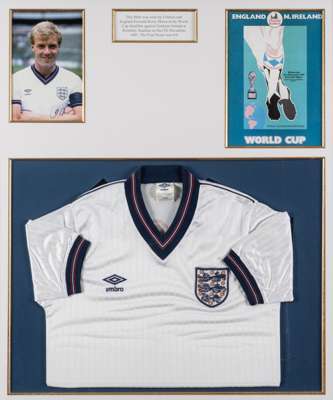 Kerry Dixon England jersey worn in the World cup qualifier v Northern Ireland at Wembley Stadium, 13th November 1985, 
 the white Umbro short-sleeved 