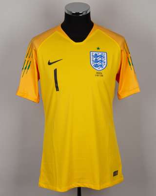 Jordan Pickford yellow and green No.1 England v. Croatia short-sleeved shirt, 2018