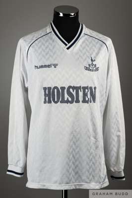 White and blue No.3 Tottenham Hotspur match worn long-sleeved shirt, c.1988-89, 
 Hummel, with (cut) v-neck collar and embroidered badge inscribed THF