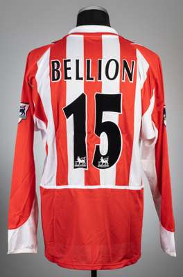 David Bellion red and white striped Sunderland no.15 home jersey, season 2002-03,
 Nike, long-sleeved with THE FA PREMIER LEAGUE sleeve badges, club c