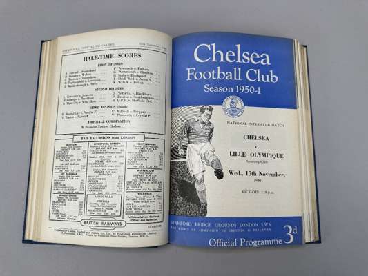 Bound volume of Chelsea home match programmes, 1950-51 from Probables v. Possibles, Trail match, single-sheet, bound within Sheffield Wednesday, 19th 
