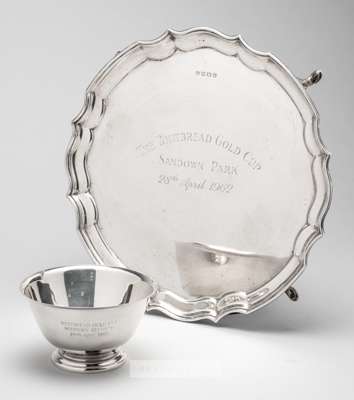 Silver salver awarded to the jockey Stan Mellor for winning the Whitbread Gold Cup on Frenchman's Cove at Sandown Park on 28th April 1962,
 the silver