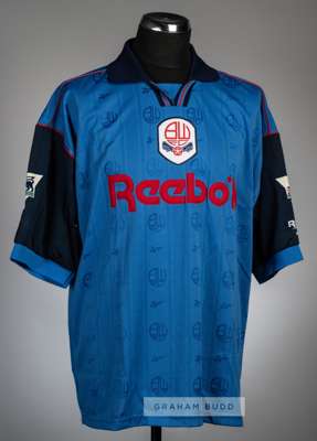 Jason McAteer blue Bolton Wanderers no.4 away jersey, season 1995-96,
 Reebok, short-sleeved with THE FA PREMIER LEAGUE sleeve badges, club crest and 