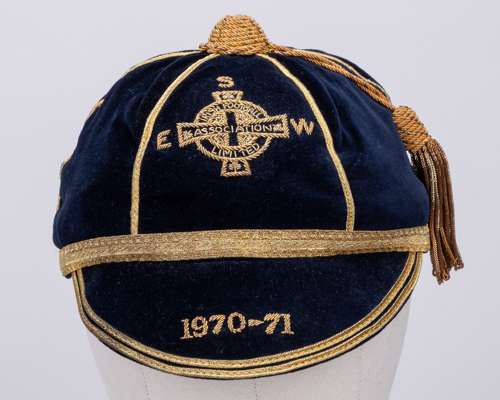 Pat Jennings blue Northern Ireland v. England Scotland and Wales International cap, 1970-71