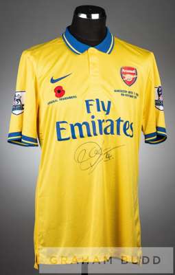 Per Mertesacker double signed yellow and blue Arsenal Poppy no.4 away jersey v Manchester United at Old Trafford, 10th November 2013,
 short-sleeved w