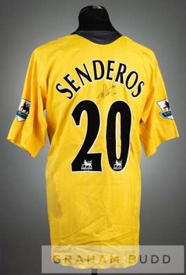 Philippe Senderos signed yellow Arsenal No.20 away jersey, season 2005-06,
 short-sleeved, with BARCLAYS PREMIERSHIP sleeve badges, with club crest an