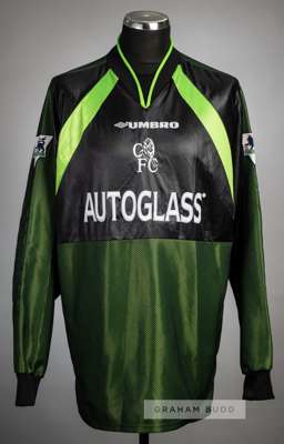 Carlo Cudicini signed dark green and black Chelsea no.23 goalkeeper's third choice jersey, season 2000-01,
 Umbro, long-sleeved with THE FA PREMIER LE